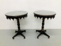 PAIR OF SINGLE PEDESTAL GYPSY STYLE OCCASIONAL TABLES WITH PAINTED DETAIL ON A BLACK BACKGROUND D