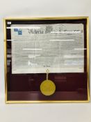 A VICTORIAN GRANT OF PATENT, DATED 1875 WITH SEAL MOUNTED IN FRAME, DOCUMENT 50 X 76CM.