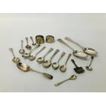 2 x SILVER SERVIETTE SPOONS, SILVER CADDY SPOON, 9 x VARIOUS TEASPOONS, 3 CONDIMENT SPOONS,