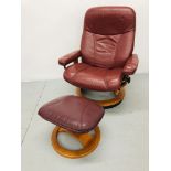 A STRESSLESS TAN LEATHER RELAXER CHAIR AND FOOTSTOOL