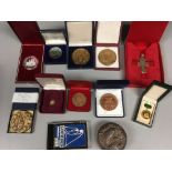 BOX OF RELIGIOUS AND OTHER MEDALLIONS, COUPLE APPARENTLY SILVER, DIOCESE DE NICE MEDAL BY P.