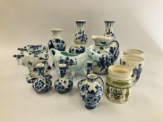 COLLECTION OF DELFT WARE (14 PIECES) TO INCLUDE COWS, VASES, A JUG,