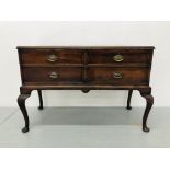 A MAHOGANY FOUR DRAWER CHEST WITH PLATE METAL FITTINGS,