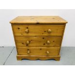 A SOLID HONEY PINE THREE DRAWER CHEST, WIDTH 77CM, HEIGHT 71CM,