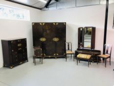 A C20TH WALNUT BEDROOM SUITE COMPRISING OF TRIPLE WARDROBE, A TRYPTIC DRESSING CHEST,