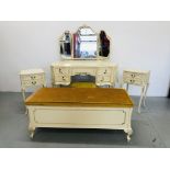 AN ORNATE CONTINENTAL CREAM FINISH FOUR PIECE BEDROOM SET TO COMPRISE OF A KIDNEY SHAPED DRESSING