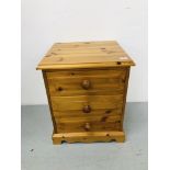 HONEY PINE 3 DRAWER BEDSIDE CHEST H24 inch, W20 inch,