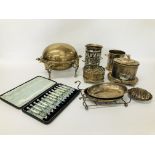 COLLECTION OF VINTAGE PLATED WARE TO INCLUDE AN ART NOUVEAU BOTTLE HOLDER,