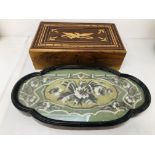 VINTAGE INLAID BOX DEPICTING A GRIFFIN TOGETHER WITH A PERIOD MAHOGANY FRAMED BEAD WORK TRAY ON 4