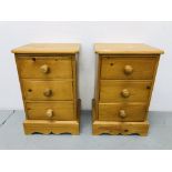 A PAIR OF SOLID WAXED PINE THREE DRAWER BEDSIDE CHESTS, EACH WIDTH 42CM, HEIGHT 63CM,