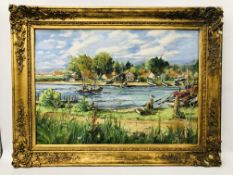 A GILT FRAMED OIL ON BOARD HARBOUR FISHING SCENE BEARING SIGNATURE LEON BRADFORD W88cm H62cm