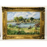 A GILT FRAMED OIL ON BOARD HARBOUR FISHING SCENE BEARING SIGNATURE LEON BRADFORD W88cm H62cm