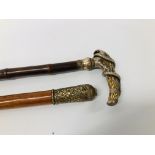 VINTAGE WALKING CANE WHITE METAL & JEWELED DETAIL TO TOP TOGETHER WITH A BAMBOO HORN HANDLED