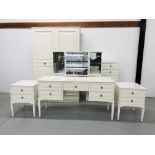 A MODERN FIVE PIECE WHITE FINISH SUITE OF BEDROOM FURNITURE COMPRISING OF A DOUBLE WARDROBE,