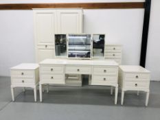 A MODERN FIVE PIECE WHITE FINISH SUITE OF BEDROOM FURNITURE COMPRISING OF A DOUBLE WARDROBE,