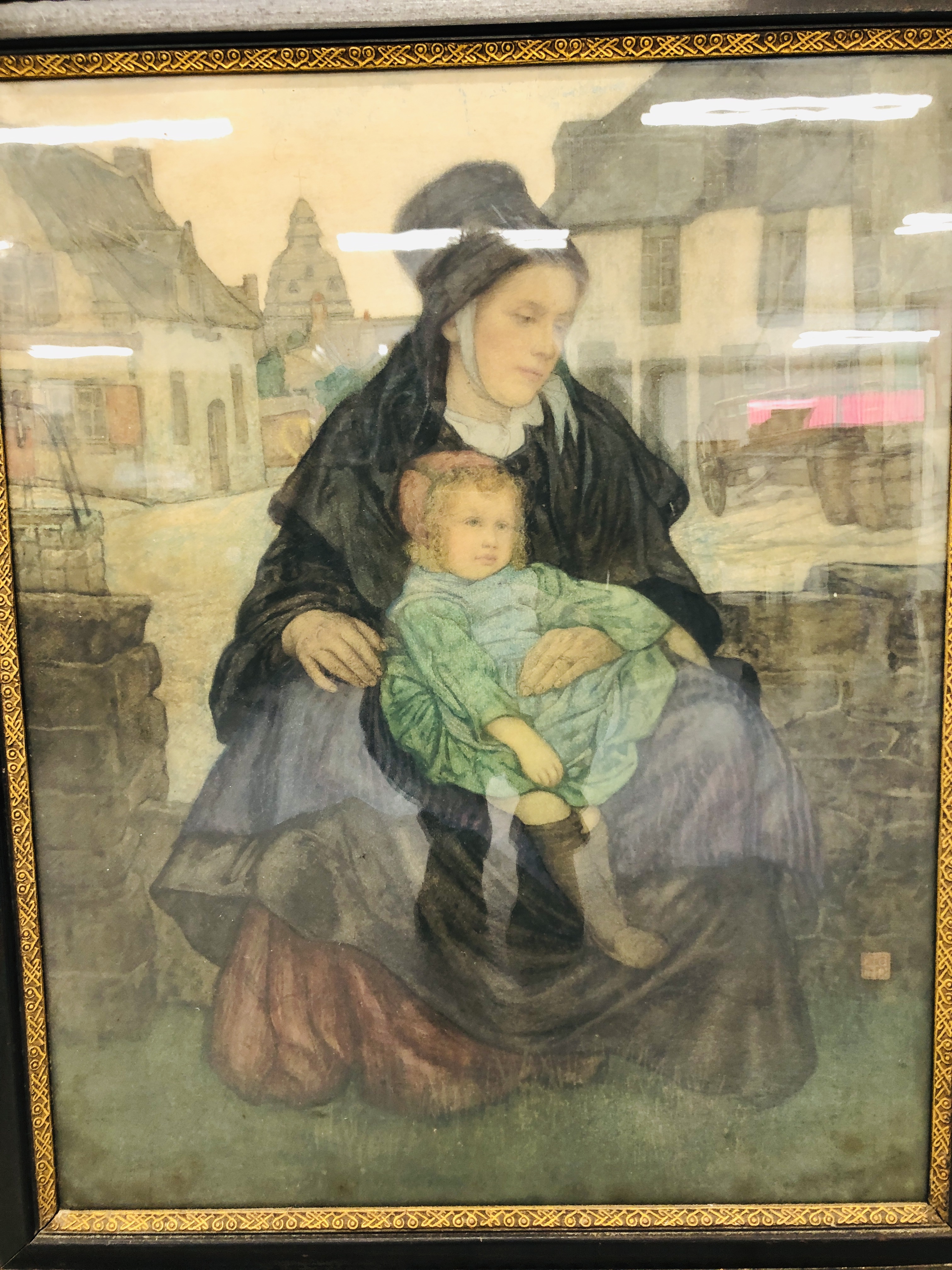 NICO JUNGMANN: DRAWING MOTHER AND CHILD SEATED ON A WALL BESIDE A ROAD 58 X 46CM - Image 2 of 6