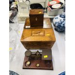 A GEORGE III SATINWOOD INLAID TEA CADDY (LOSSES) TOGETHER WITH A VINTAGE MAHOGANY INLAID BOX AND