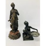AN ART DECO SPELTER FIGURE OF A CROUCHING WOMAN HOLDING A TRAY BEARING INDISTINCT MARKER MARK TO