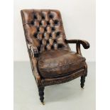 A REPRODUCTION TAN LEATHER BUTTON BACK GENTLEMANS CHAIR (NO COMPLIANT FIRE RETARDANT LABELLING -