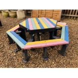 A HEXAGONAL CHILDREN'S PICNIC BENCH/TABLE SET (HEAVY DUTY PLASTIC MANUFACTURED) OVERALL WIDTH 1.