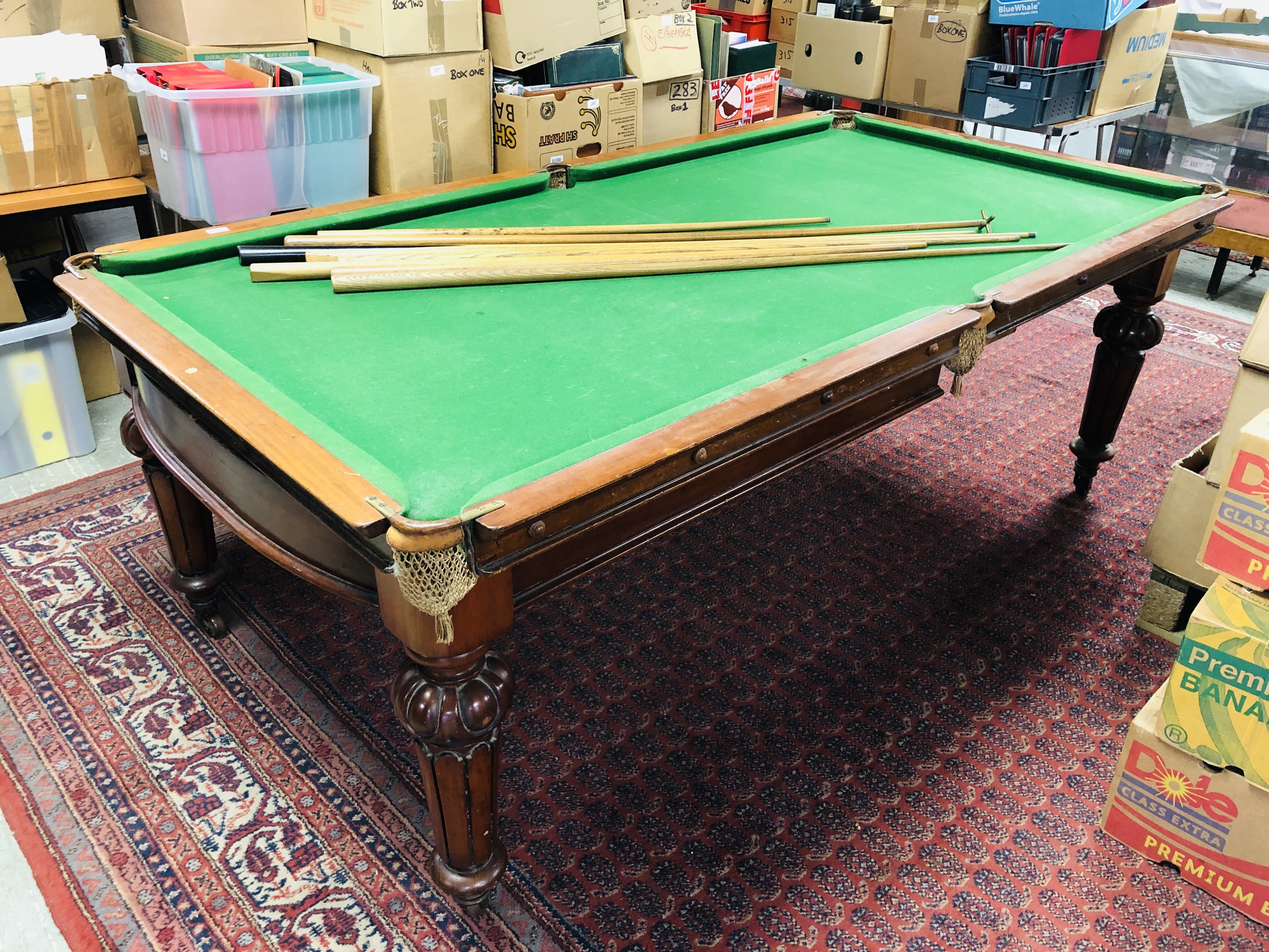 VICTORIAN MAHOGANY 1/2 SIZE SLATE BED SNOOKER TABLE WITH ADDITIONAL MAHOGANY DINING TOP CONVERSION