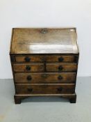 PERIOD OAK 5 DRAWER BUREAU WITH DECORATIVE BRASS HANDLES L33 inch, W17 1/2 inch,