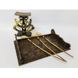 THREE C19TH CONTINENTAL CLAY PIPES ON A CARVED OAK PIPE RACK TOGETHER WITH A SET OF VINTAGE