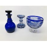 BLUE GLASS DECANTER TOGETHER WITH A BRISTOL BLUE GLASS DISH AND STAND