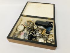 A VINTAGE INLAID BOX TO INCLUDE A QUANTITY OF COSTUME & SILVER JEWELLERY,