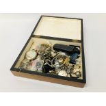 A VINTAGE INLAID BOX TO INCLUDE A QUANTITY OF COSTUME & SILVER JEWELLERY,