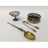A REPRODUCTION GILDED SILVER COPY OF CORONATION ANOINTING SPOON ALONG WITH A SILVER WINE COASTER,