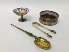 A REPRODUCTION GILDED SILVER COPY OF CORONATION ANOINTING SPOON ALONG WITH A SILVER WINE COASTER,