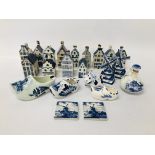 A GROUP OF DELFT HOUSES (13), PAIR OF MINIATURE DELFT TILES, DELFT CLOGG AND 2 OTHERS,