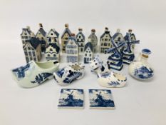 A GROUP OF DELFT HOUSES (13), PAIR OF MINIATURE DELFT TILES, DELFT CLOGG AND 2 OTHERS,