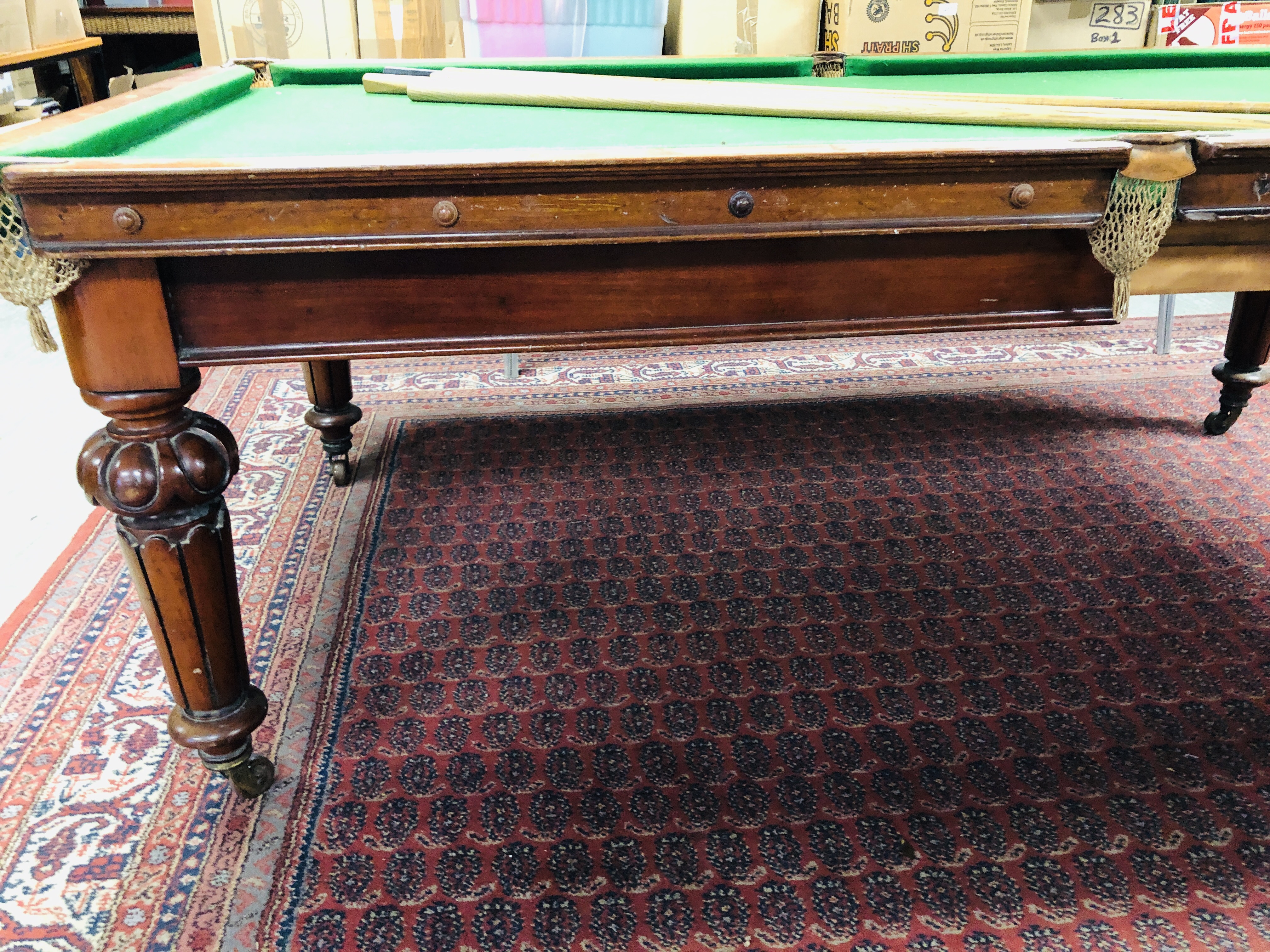 VICTORIAN MAHOGANY 1/2 SIZE SLATE BED SNOOKER TABLE WITH ADDITIONAL MAHOGANY DINING TOP CONVERSION - Image 17 of 17