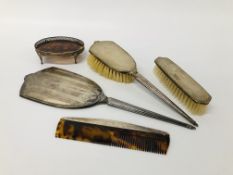 FOUR PIECE SILVER BACKED DRESSING TABLE SET BIRMINGHAM ASSAY TOGETHER WITH A SMALL SILVER MOUNTED