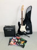 FEND SQUIER ELECTRIC GUITAR WITH A STAND & GUITAR BOOKS + LINE 6 AMP SPIDER IV 15 - SOLD AS SEEN