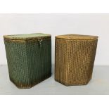 TWO LLOYD LOOM LINEN BOXES, ONE GOLD FINISH CORNER DESIGN, THE OTHER WITH GREEN FINISH,