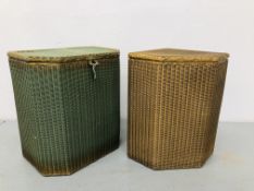 TWO LLOYD LOOM LINEN BOXES, ONE GOLD FINISH CORNER DESIGN, THE OTHER WITH GREEN FINISH,