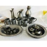 COLLECTION OF VINTAGE PEWTER WARE INCLUDING TANKARDS, PAIR OF CANDLESTICKS, AN URN,