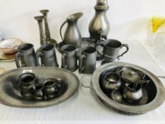 COLLECTION OF VINTAGE PEWTER WARE INCLUDING TANKARDS, PAIR OF CANDLESTICKS, AN URN,