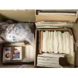 BOX WITH QUANTITY FIRST DAY COVERS, PHQ CARDS, LOOSE STAMPS, UNUSED SG TOWER ALBUM, ETC.