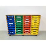 A WHEELED UNIT CONTAINING 40 PLASTIC STORAGE DRAWERS SIZE L136cm, H94cm,