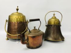 2 x VINTAGE COPPER & BRASS MILK CHURNS + HEAVY COPPER KETTLE