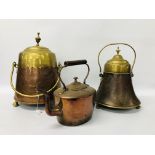 2 x VINTAGE COPPER & BRASS MILK CHURNS + HEAVY COPPER KETTLE