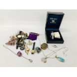 BOX OF MIXED COSTUME & SILVER JEWELLERY TO INCLUDE OPAL & SILVER NECKLACE, ROUGE COMPACT,