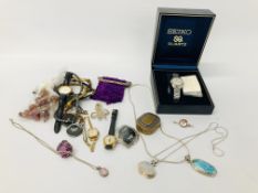 BOX OF MIXED COSTUME & SILVER JEWELLERY TO INCLUDE OPAL & SILVER NECKLACE, ROUGE COMPACT,