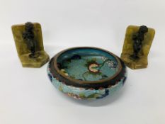 A CLOISONNE CIRCULAR BOWL TOGETHER WITH A PAIR OF ONYX AND BRONZE BOOKENDS A/F