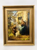 AN OIL ON CANVAS MOTHER AND CHILD WITH GOAT BY COTTAGE DOOR,