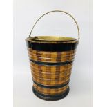 A DUTCH MIXED HARDWOOD RIBBED PEAT BUCKET WITH BRASS LINER